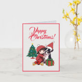 カスタムキュートボストンテリアウィズ小さな女の子クリスマス カード (黄色い花)