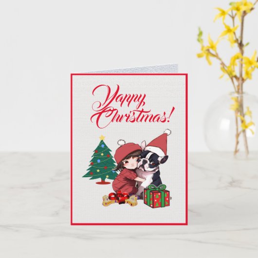 カスタムキュートボストンテリアウィズ小さな女の子クリスマス カード (黄色い花)