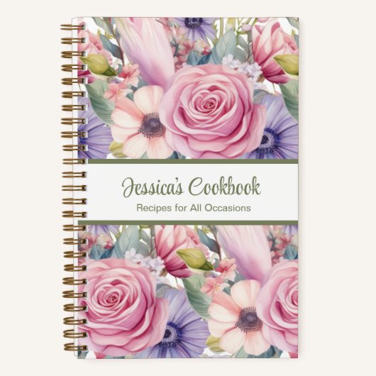 カスタムクックブックピンク花レシピ手帳 ノートブック (正面)