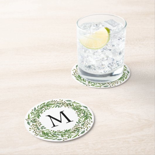 カスタムクラシックグリーンローレルリース葉パターン ラウンドペーパーコースター (インサイチュ)