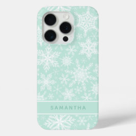 カスタムクリスマスのミントグリーンと白い雪の結晶 iPhone 15 PROケース