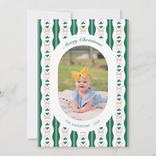 カスタムクリスマスの写真カーストライプド緑と弓 シーズンカード (正面)