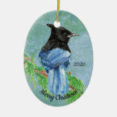カスタムクリスマスの恒星ジェイのバードアート セラミックオーナメント (正面)