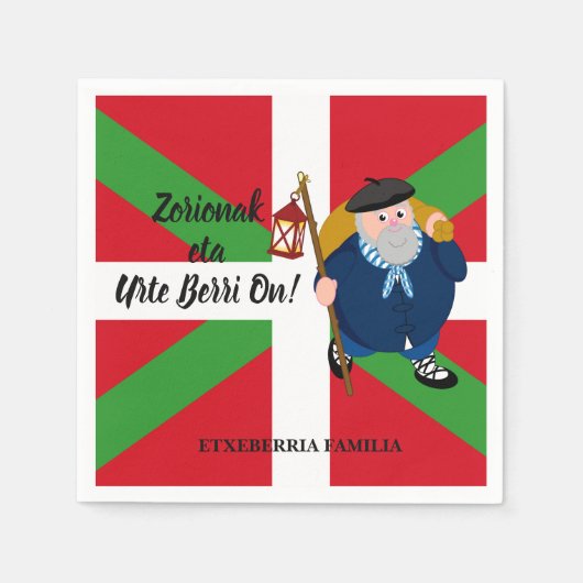 カスタムクリスマスの挨拶、Olentzero + Ikurriina: スタンダードカクテルナプキン (正面)