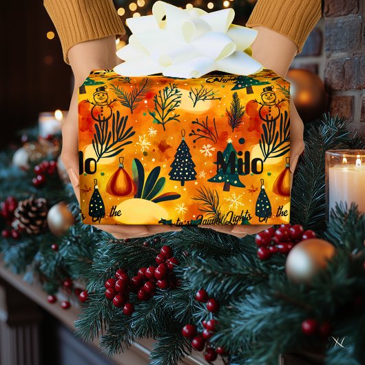 カスタムクリスマスの木と雪だるま ラッピングペーパー