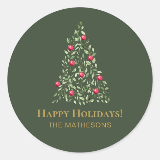 カスタムクリスマスの木の緑の赤いエレガント家族 ラウンドシール (正面)