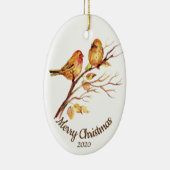 カスタムクリスマスの水色のスズメの鳥の日付 セラミックオーナメント (右)