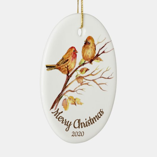 カスタムクリスマスの水色のスズメの鳥の日付 セラミックオーナメント (右)