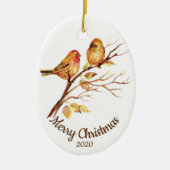 カスタムクリスマスの水色のスズメの鳥の日付 セラミックオーナメント (正面)