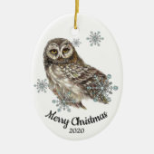 カスタムクリスマスの水色フクロウの鳥の雪 セラミックオーナメント (正面)