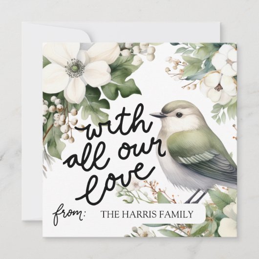 カスタムクリスマスの花と鳥の愛 招待状 (正面)