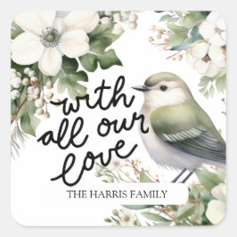カスタムクリスマスの花と鳥 – 愛と スクエアシール