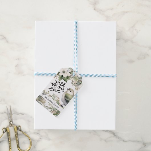 カスタムクリスマスの花と鳥 – 私たちの愛 ギフトタグ (より糸付き)