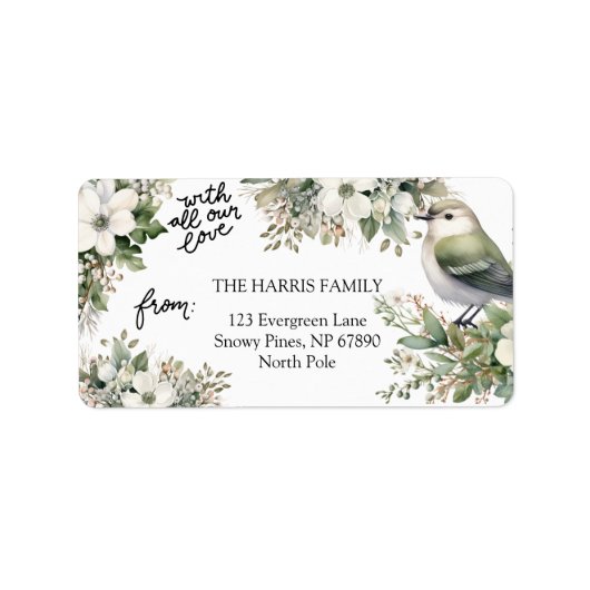 カスタムクリスマスの花と鳥 – 私たちの愛 ラベル (正面)