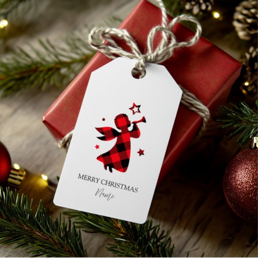 カスタムクリスマスエンジェル – 赤バッファロープレイド ギフトタグ