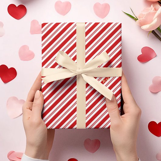 カスタムクリスマスキャンディーケーンレッドストライプ金ゴールド文字 ラッピングペーパー