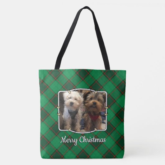 カスタムクリスマスグリーンと赤の格子模様2フォトフレーム トートバッグ (正面)