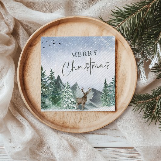 カスタムクリスマスグリーン水彩松林 スタンダードカクテルナプキン