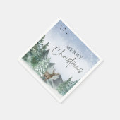 カスタムクリスマスグリーン水彩松林 スタンダードカクテルナプキン (角)