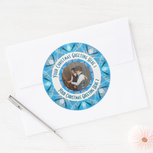 カスタムクリスマススター ウィンターブルー フォトグリーティング ラウンドシール (封筒)