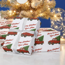 カスタムクリスマスツリーの古い赤いトラック ラッピングペーパー