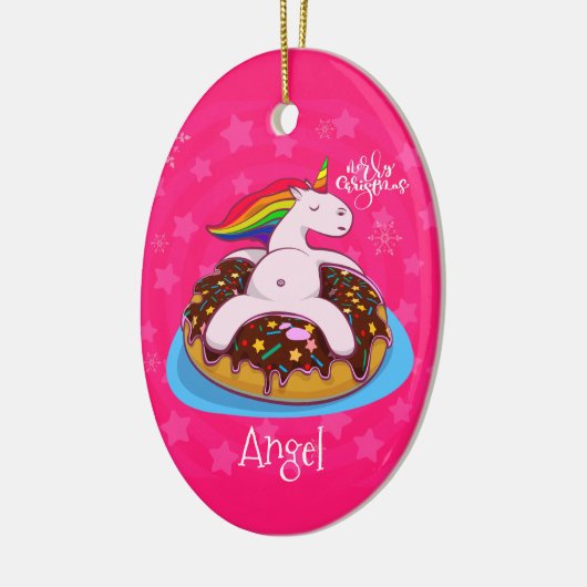 カスタムクリスマスパーソナライズされたユニコーンピンク セラミックオーナメント (左)