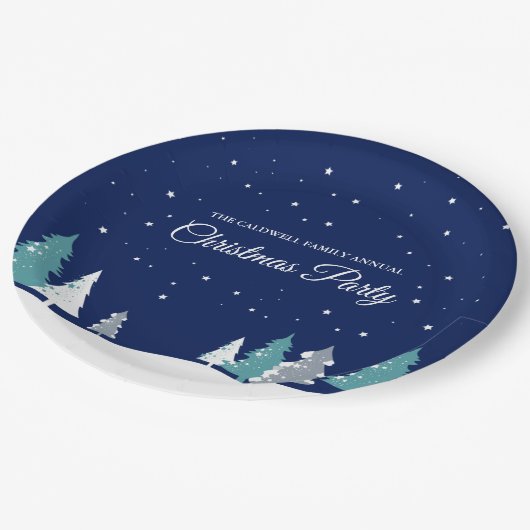 カスタムクリスマスパーティー冬樹ブルー ペーパープレート (アングル)