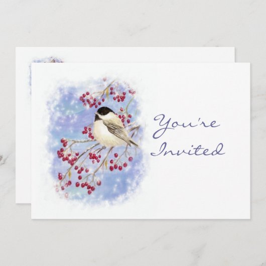 カスタムクリスマスパーティー招待状バードウィンターベリー 招待状 (正面/裏面)