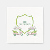 カスタムクリスマスピンクゴルフカート緑のクレストパーティー スタンダードカクテルナプキン (正面)