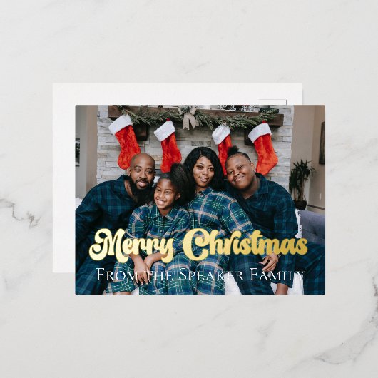カスタムクリスマスファミリーフォトゴールドフォイル 箔シーズンポストカード (正面/裏面)