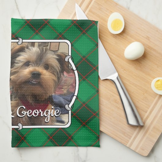 カスタムクリスマスフォトフレーム赤と緑の格子模様 キッチンタオル (四つ折り)