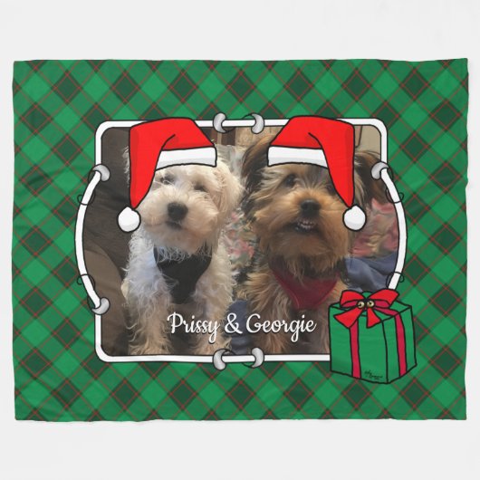 カスタムクリスマスフォトフレーム赤と緑の格子模様 フリースブランケット (正面(横))