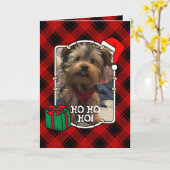 カスタムクリスマスフォトフレーム赤と黒の格子模様 カード (黄色い花)