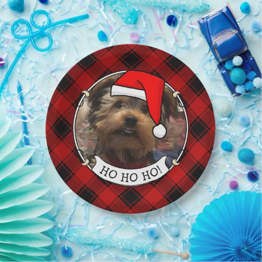 カスタムクリスマスフォトフレーム赤と黒の格子模様 ペーパープレート (パーティー)
