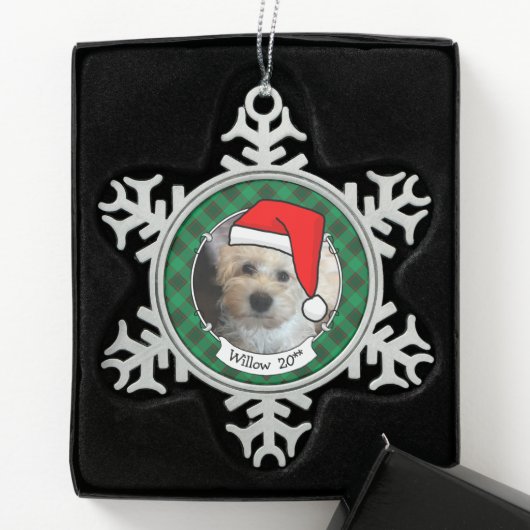 カスタムクリスマスフォトフレーム赤&グリーンプレイドペット スノーフレークピューターオーナメント (ボックス)
