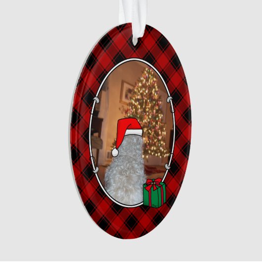 カスタムクリスマスフォトフレーム赤&黒の格子模様ペット オーナメント (正面)