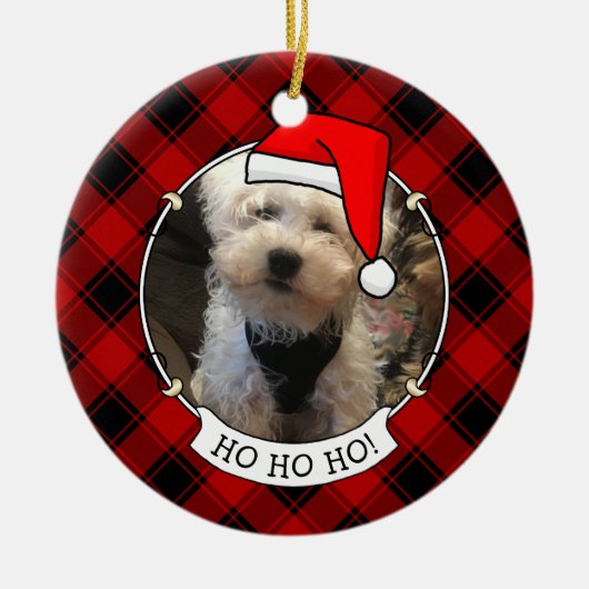 カスタムクリスマスフォトフレーム赤&黒の格子模様ペット セラミックオーナメント (正面)