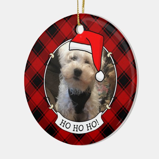 カスタムクリスマスフォトフレーム赤&黒の格子模様ペット セラミックオーナメント (左)