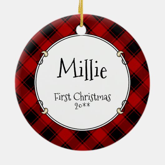 カスタムクリスマスフォトフレーム赤&黒の格子模様ペット セラミックオーナメント (裏面)