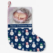 カスタムクリスマスベビー写真ネーム雪だるま顔 スモールクリスマスストッキング (正面)
