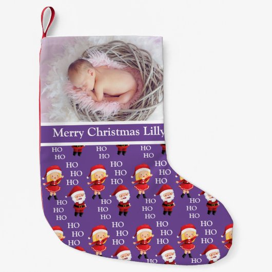 カスタムクリスマスベビー写真、名前Santa Ho Ho Ho スモールクリスマスストッキング (正面)