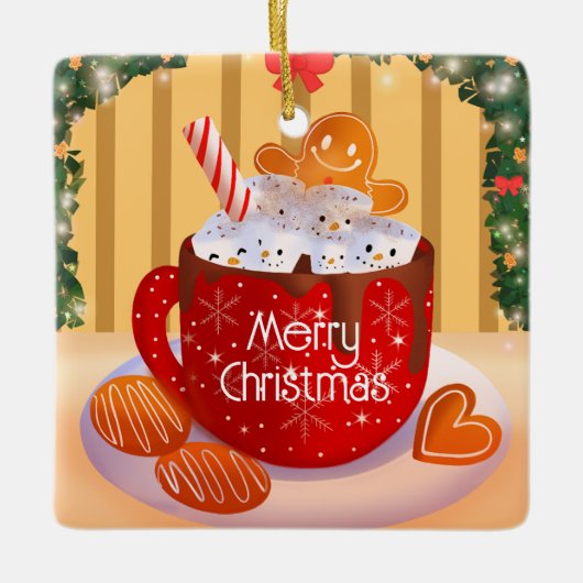 カスタムクリスマスホットチョコレートホリデー セラミックオーナメント (正面)