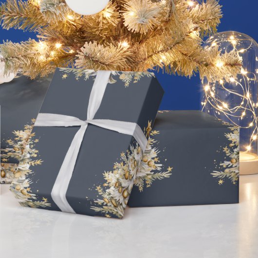 カスタムクリスマスホリデーブルー金ゴールドツリーギフト ラッピングペーパー (クリスマス)