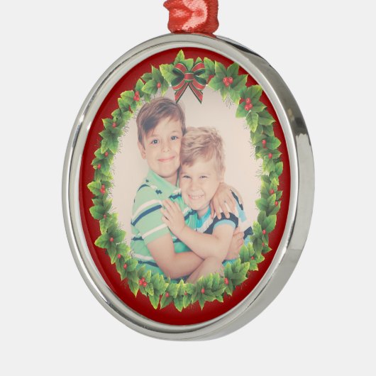 カスタムクリスマスリース自分の写真を追加Red メタルオーナメント (左)