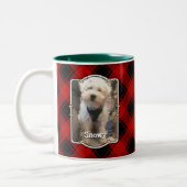 カスタムクリスマスレッドとブラックプレイド2フォトフレーム ツートーンマグカップ (左)