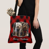 カスタムクリスマスレッドとブラックプレイド2フォトフレーム トートバッグ (クローズアップ)