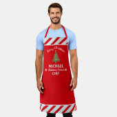 カスタムクリスマスレッド&ホワイトストライプキャンディーケイン エプロン (着用した状態)