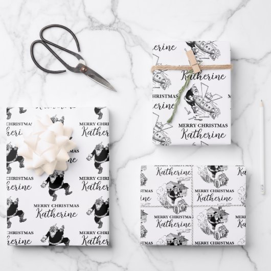 カスタムクリスマスヴィンテージおもしろいサンタ白黒 ラッピングペーパーシート (正面)