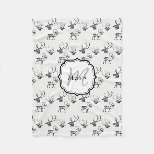カスタムクリスマスヴィンテージディアヘッド〔雄ジカの〕枝角パターン フリースブランケット (正面)