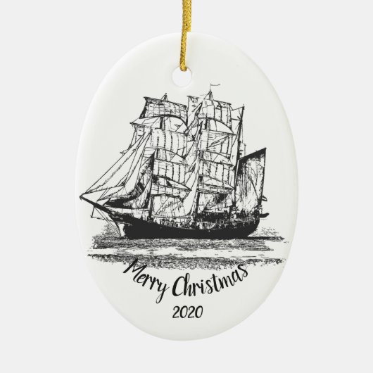 カスタムクリスマスヴィンテージ帆船アート セラミックオーナメント (正面)